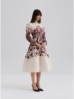 By Malina Ivory Midi Dress with Wine Floral Print and Puff Sleeves